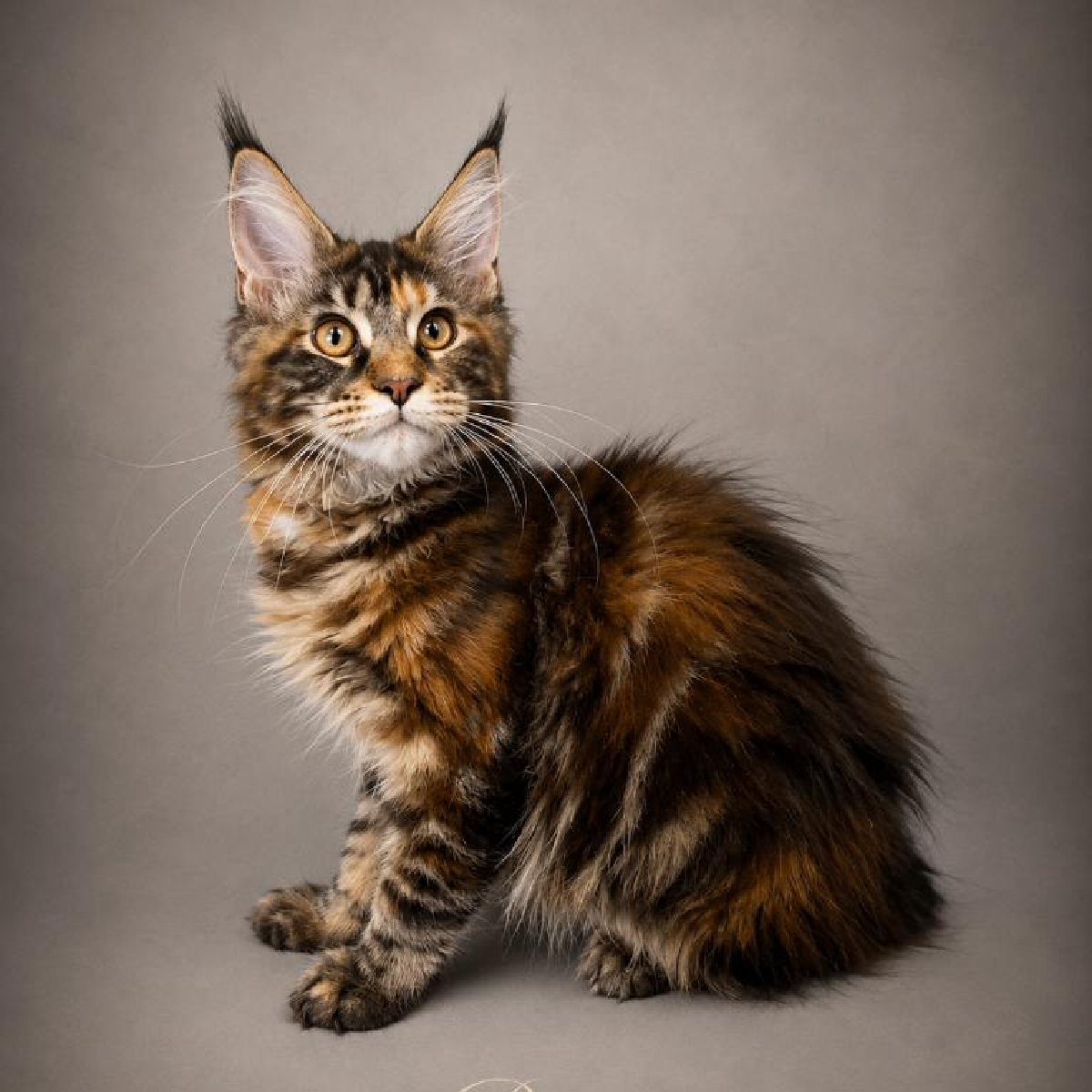 Jeune chaton Maine Coon femelle brown tortie nommée Bliss.