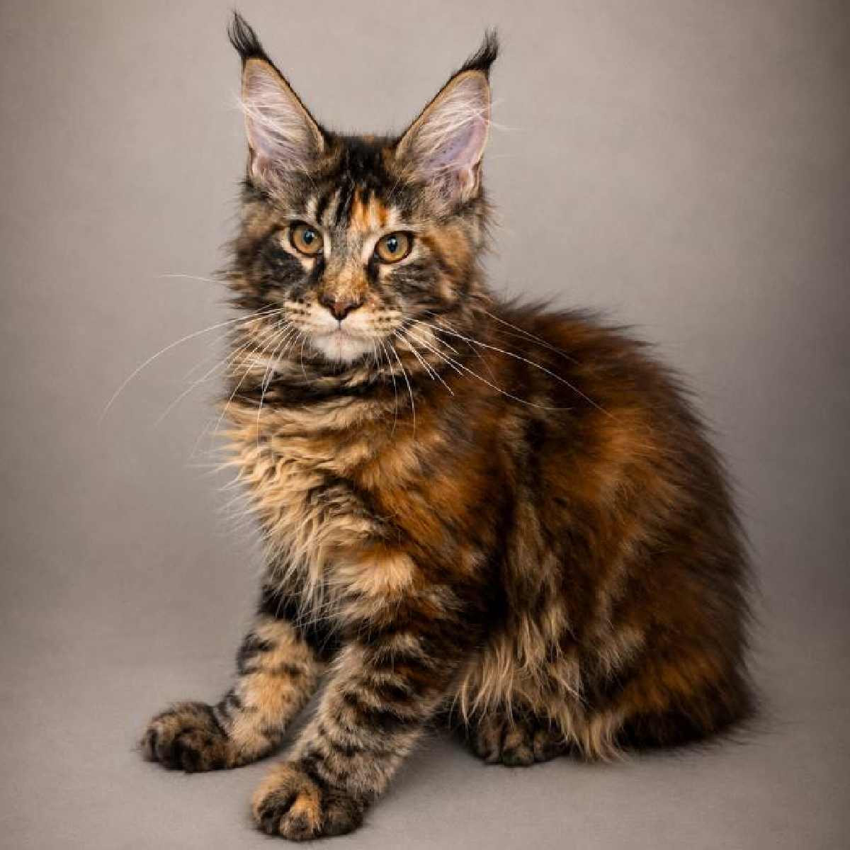 Portrait de Bliss, chaton Maine Coon femelle brown tortie.