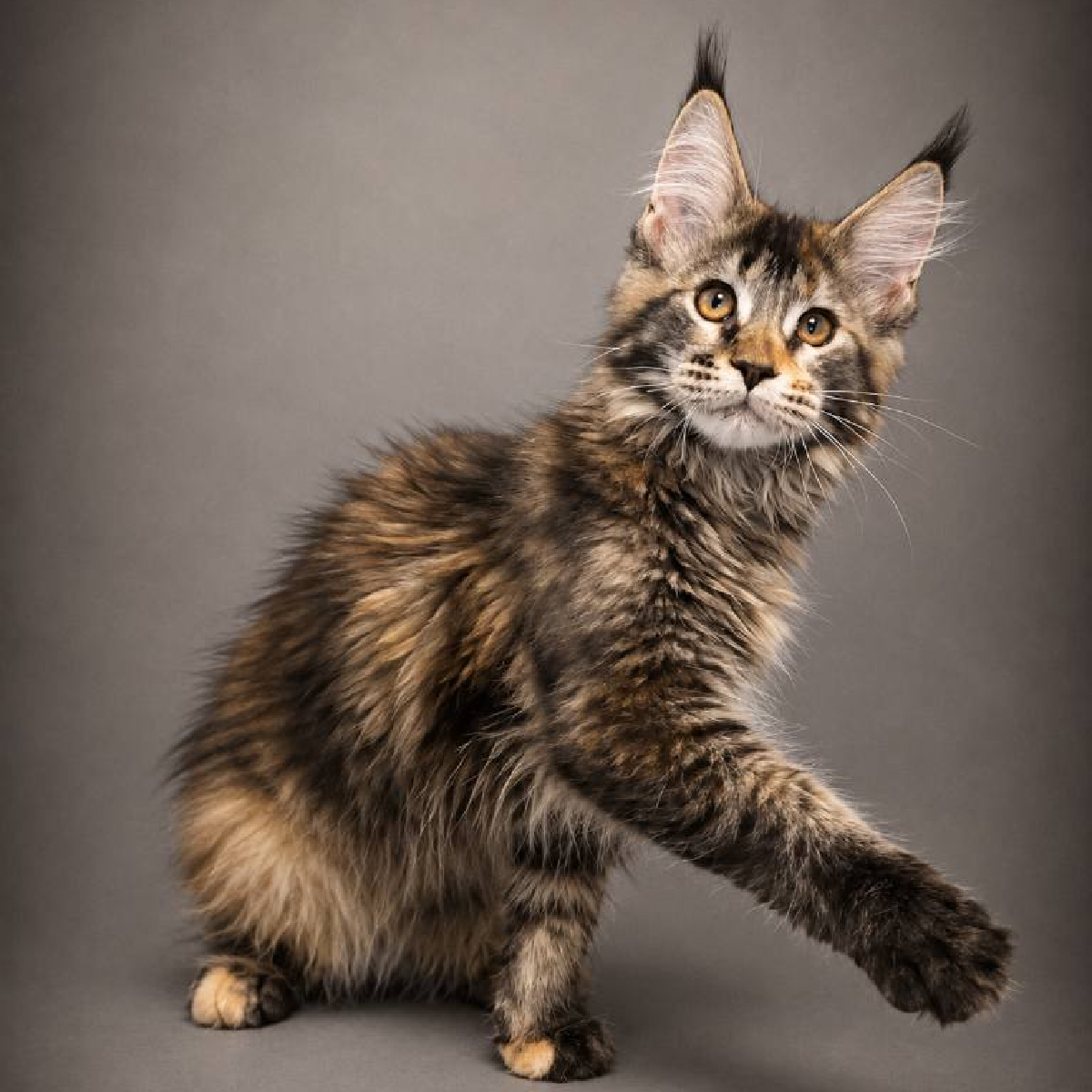 Jeune chaton Maine Coon femelle black tortie nommée Brézia.