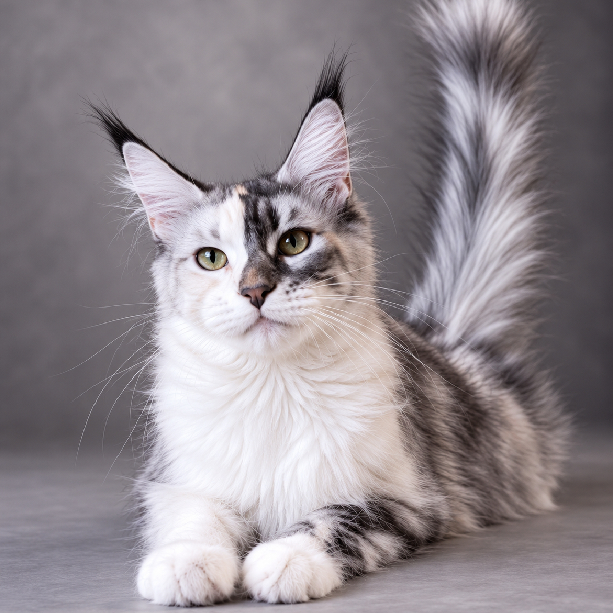 Tetris, femelle Maine Coon adulte de couleur bleu tortie smoke et blanc